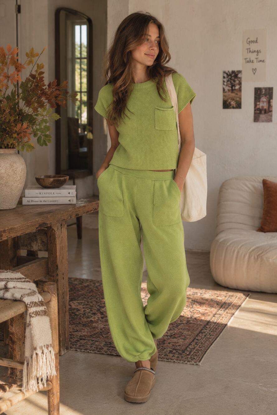 Free People Freya Sweater Set Peridot Green Knit Crop Top Balloon Pants M